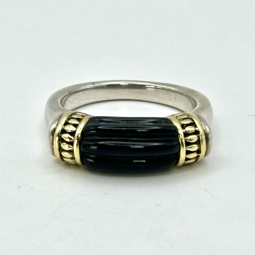 Lagos Caviar Fluted Black Onyx  Silver 18 Kt Gold Ring Size 7